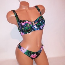 Victoria Secret Swim Bikini 36C Top Medium Bottom Black Tropical Floral Brazilia