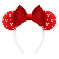Velvet Mouse Ears Hair Bow Headband with Pearls Red Party Decoration Fashion ...