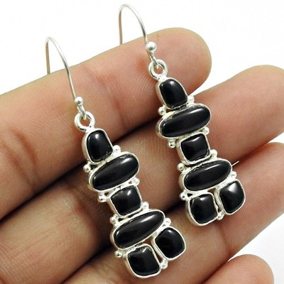 925 Sterling Silver Onyx Gemstone Inukshuk Wife Drop Dangle New Earrings Jewelry