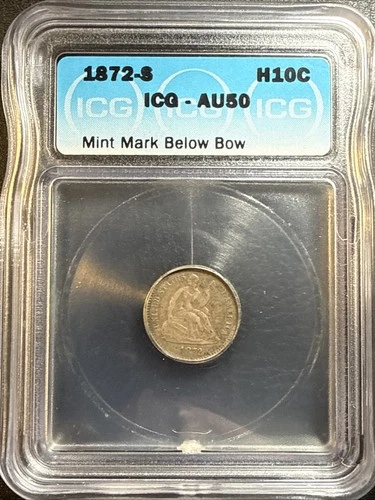 1872 S Seated Liberty half dime, ICG graded AU 50