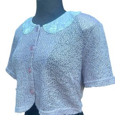 Vtg Fairy Dainty Ladylike Coquette Lace Collar Cropped Knit Cardigan Womens M