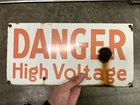 Vintage Porcelain Enamel Danger Sign High Voltage Red & White 14x7"
