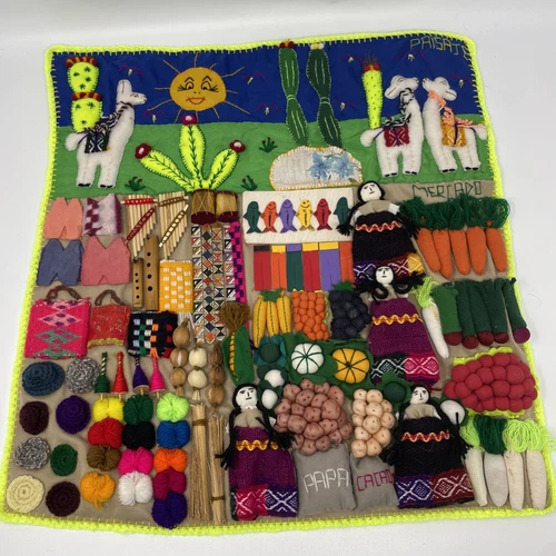 Peruvian Arpilleras Handmade Folk Art Wall 3-D Embroidery Market 19"x19" Paisaje