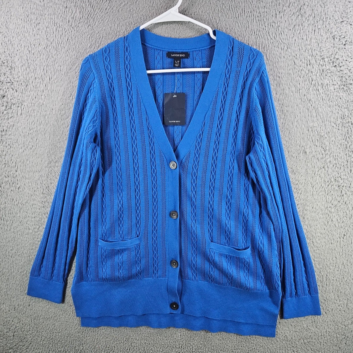 Lands End Womens Blue Cable Knit Button Front Cardigan Sweater L/P