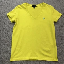 Polo Ralph Lauren V-neck T-Shirt Womens Medium Yellow Blue Pony Preppy