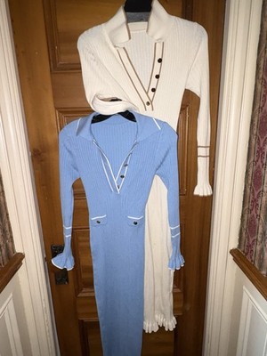 2 Small Rib Knit Maxi Dresses 1Beige/Tan & 1Blue/White Ruffled Cuff&Hem Sandro?