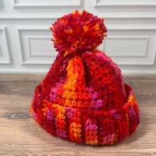 Handmade Crochet Beanie Kids Red Orange Pink Pom Pom Winter Hat