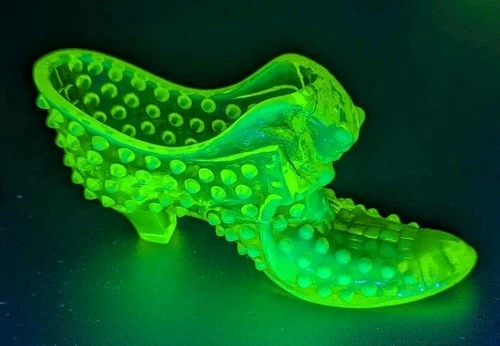 Vintage Fenton Hobnail Cat Head Slipper Topaz Opalescent Vaseline Glows