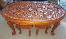 Asian Hand Carved Heavy Wooden Coffee Table With 4x Stools. Flower Design.