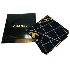 CHANEL Silk Scarf Matelasse Chain Pattern Black White Coco Mark Large Size 9616