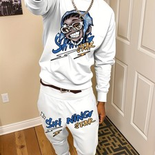 Men's sports big head pattern elements printed casual sweater set