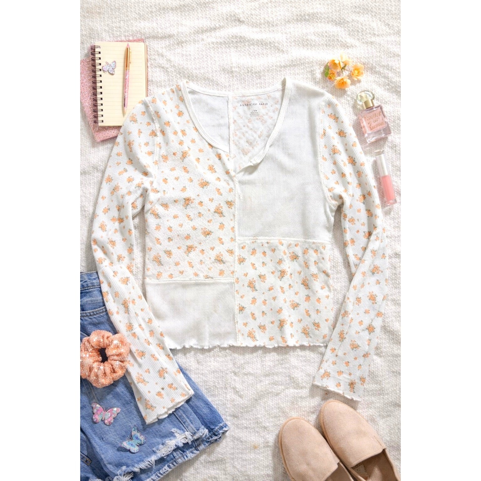 American Eagle Y2K Floral Patchwork Waffle Knit C… - image 1