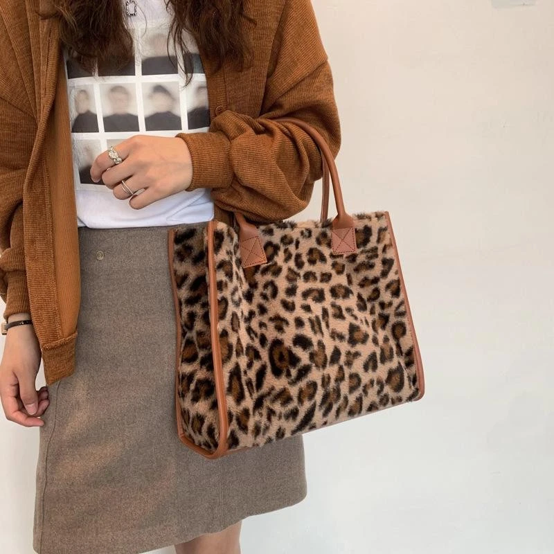 Winter Faux Fur Leopard Tote Bag Soft Plush Shoulder Bag Large Handbag for Women - Image 3 of 4