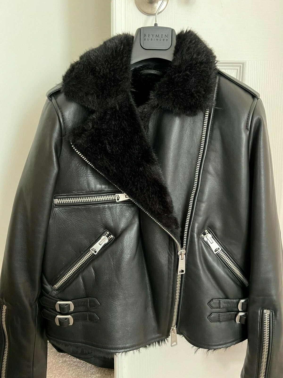All Saints Shearling Sheepskin Leather Biker Jacket … Gem