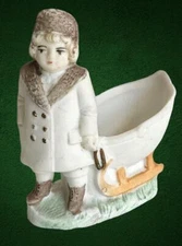 ANTIQUE GERMANY 3914 BISQUE 2.5” CHILD BOY PULLING WINTER SLED sleigh CHRISTMAS