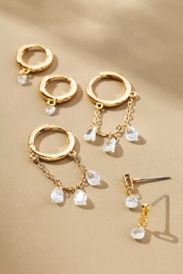 NWT Anthropologie Floating Crystal Huggie Earrings, Goldtone Set of 3 SRP$58
