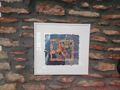 Diana van Hall original mixed textile & paper collage with conservatory framin