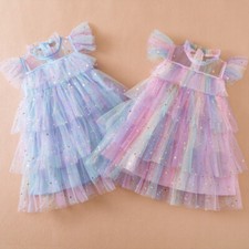 Girl Birthday Party Rainbow Dress Ruffle Tiered Tulle Princess Prom Dress 2-7Y