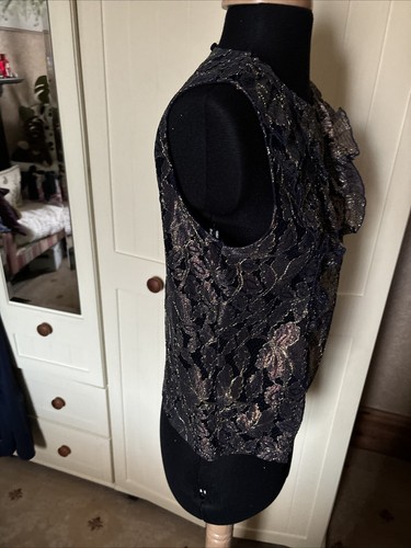 NEXT Ladies Navy Blue Gold Lace Ruffle Trim Semi Sheer Sleeveless Top Size 6 - Picture 5 of 9