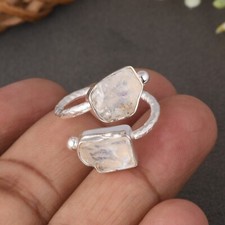 Genuine Bypass Band Adjustable Ring With Sterling Silver Raw Moonstone For Gift