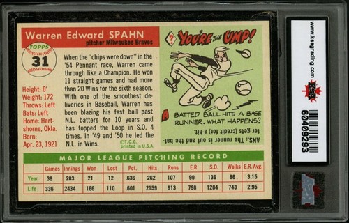 Warren Spahn KSA 1955 TOPPS #31 afeitadora centrado sólido dueño original - Imagen 2 de 2