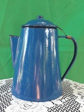Blue Speckled Enamelware Coffee Pot w/Black Trim 9 " h Home-Camping-Hiking