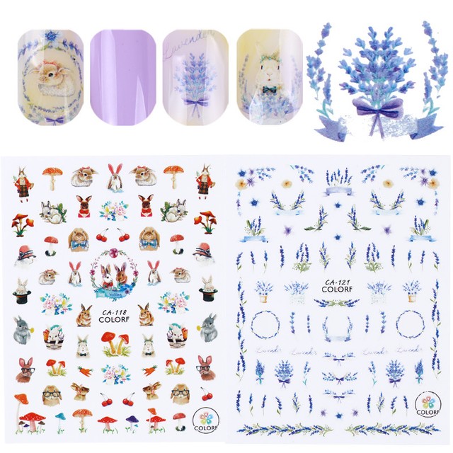 3 Design 3D Nail Art Sticker Lavender Rabbit Squirrel Adhesive Transfer
