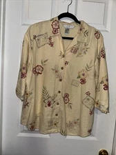 Napa Valley L  Light YellowButton Front Shirt w/Floral Postcard short sleeves