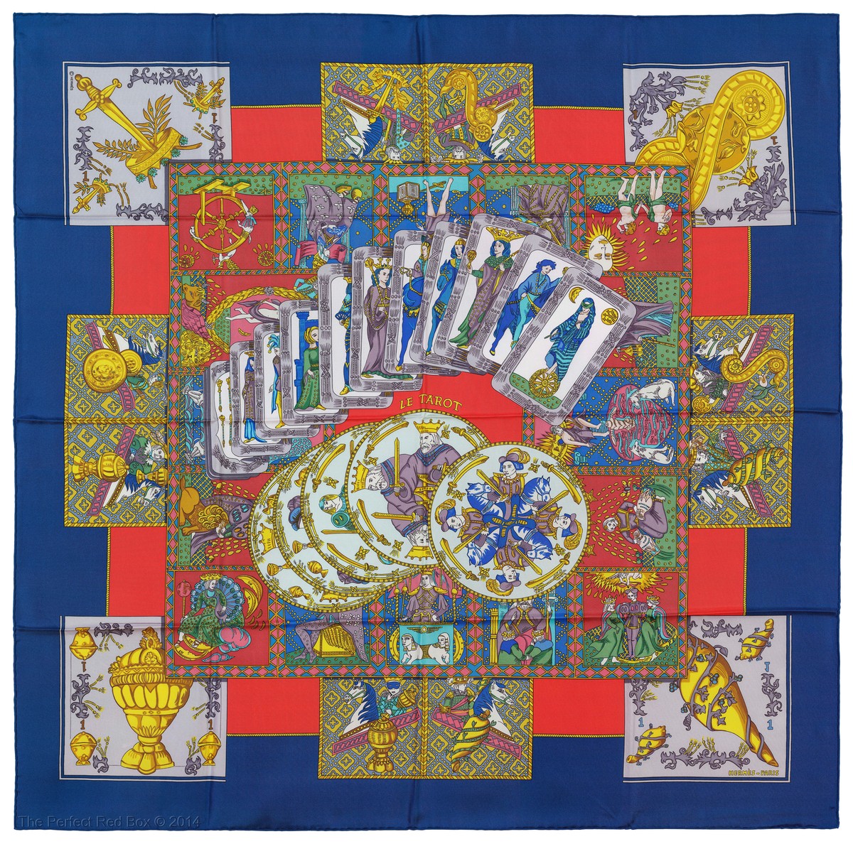 Authentic Hermes Silk Scarf Tarot - Navy Blue Red - MINT W Care