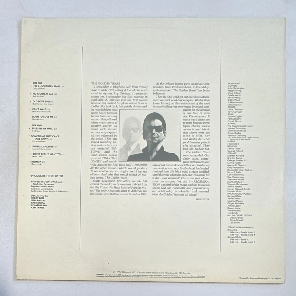 Roy Orbison - Regeneration Lp Vinyl Record Pop Rock 70s EX / VG+ - Image 3 of 4