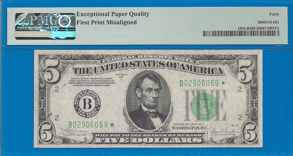 1934C $5 Federal Reserve Note PMG 40EPQ Misalignment Error star Fr 1959-B - Image 3 of 3