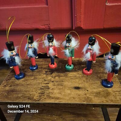 6  Nutcracker Ornament for the Christmas Tree 4 Inch Red Green Blue Hair EUC