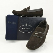 NIB PRADA 2DD137 BROWN SUEDE LEATHER LOGO DRIVING MOCCASINS LOAFERS 7 US 8