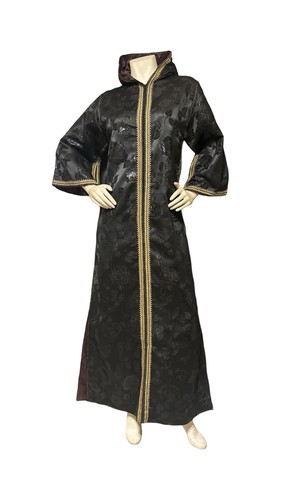 Vintage Hooded Kaftan Black On Black Pompom On Hoodie Angled Sleeves M Shiny - Picture 13 of 18