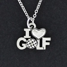 I LOVE GOLF Necklace on Chain or Charm Only Pewter Course Clubs Ball Heart Links