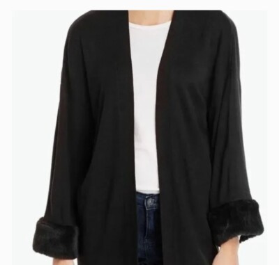 CALVIN KLEIN Women's Black Faux-fur-cuff Open Cardigan Sweater Top P/S 