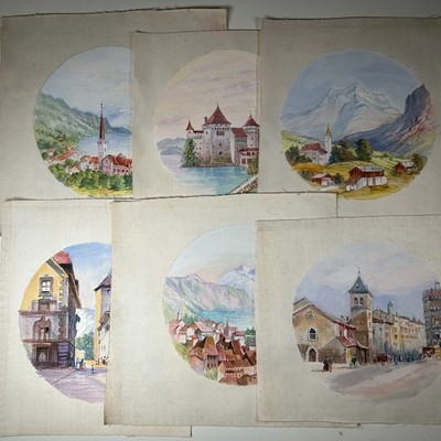 Set 6 Vintage Schweizer Aquarelle auf Leinen Weggis Montreux Chillon Geneva