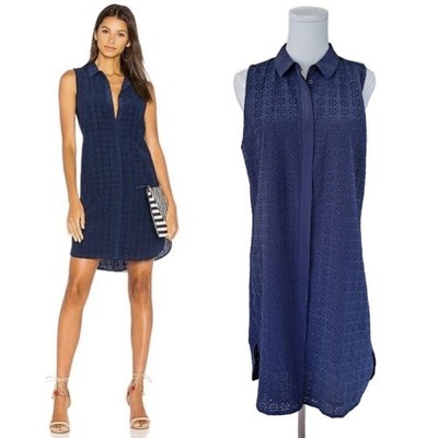 EQUIPMENT Femme Silk Eyelet Sleeveless Mini Shirt Dress Navy Blue Size Small
