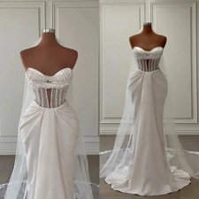 Sweetheart Pearl Beaded Corset Wedding Dress Draped Satin Mermaid Bridal Gown