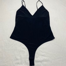 Fashion Nova Womens XL Black V-Neck Spaghetti Strap Thong Bodysuit made in usa