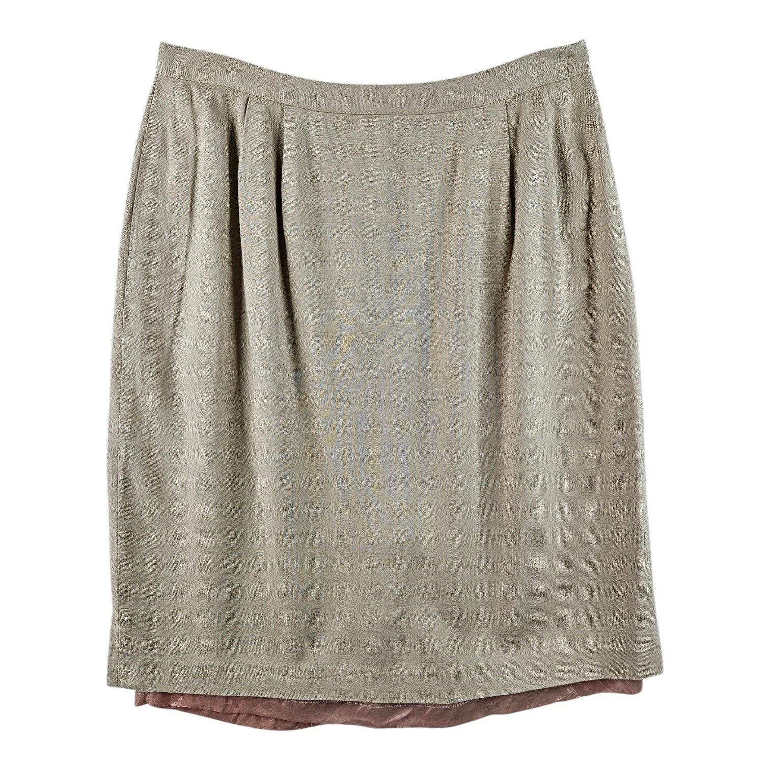 Vintage Linen Pleated Skirt Knee Length Beige Size UK 16