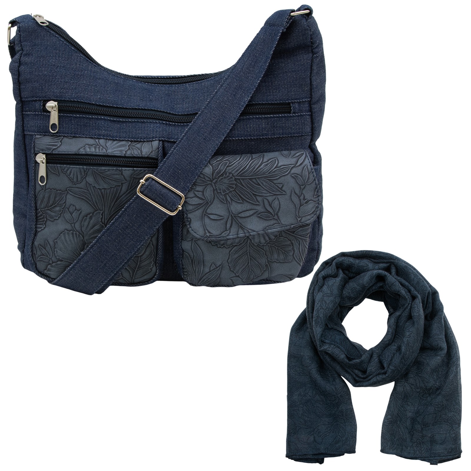 Gold Coast Floral Embossed Denim Handbag with Matching Floral Blue Scarf
