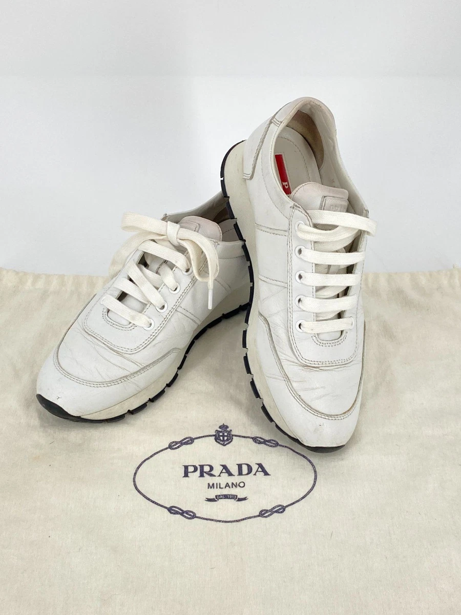 *PRADA SNEAKER 38 ½ TURNSCHUHE WEIß LEDER 3E 6046