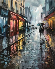 Rainy Paris Street | Umbrellas & Café Lights | Impressionist Art Museum Art