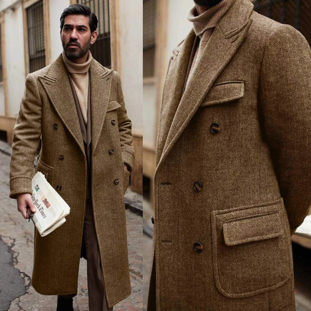 Tweed Herringbone Men Coats Wool Blend Long Overcoats Business