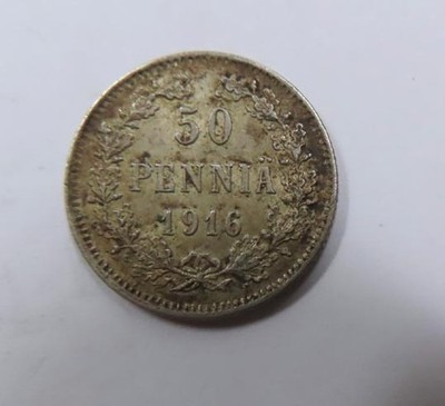 Finland Russia Silver 50 Pennia 1916 Double Headed Eagle SCARCE