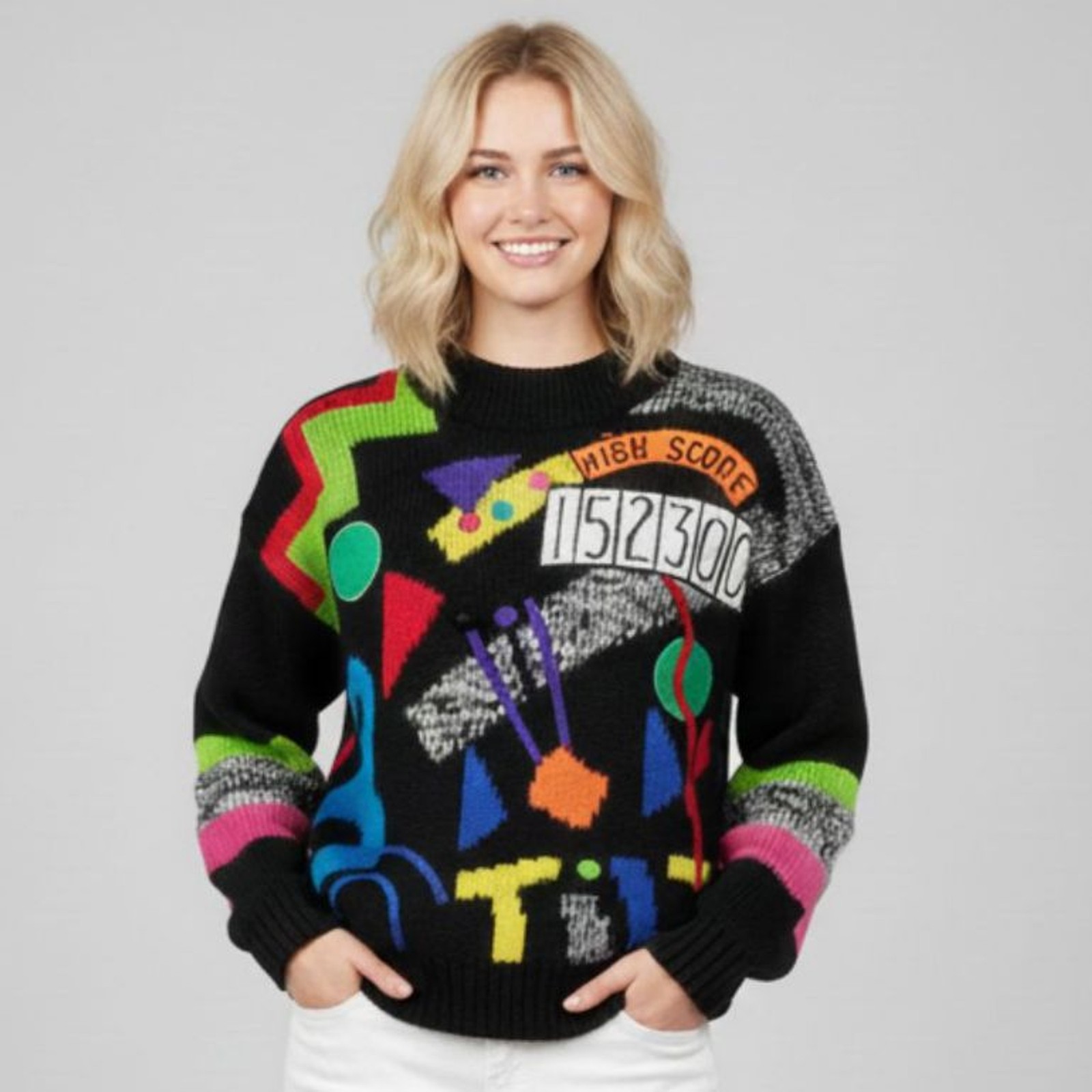 Rare C.S.L. Cherry Stix Retro 80s 90s Women's Knit Sweater High Score Top Size M