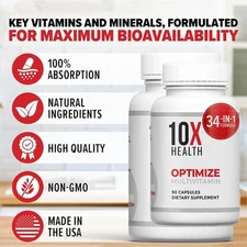 Authentic 10X Health Optimize Methylated Multivitamin 90 Caps 34 In 1 formula