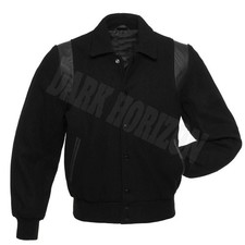 Varsity Letterman College Black Wool Black Leather Stripe Bomber Basball Jacket