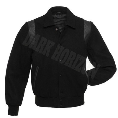Varsity Letterman College Black Wool Black Leather Stripe Bomber Basball Jacket